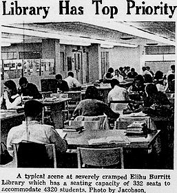 Photograph of students studying; Photo
Caption reads:Library Has Top Priority