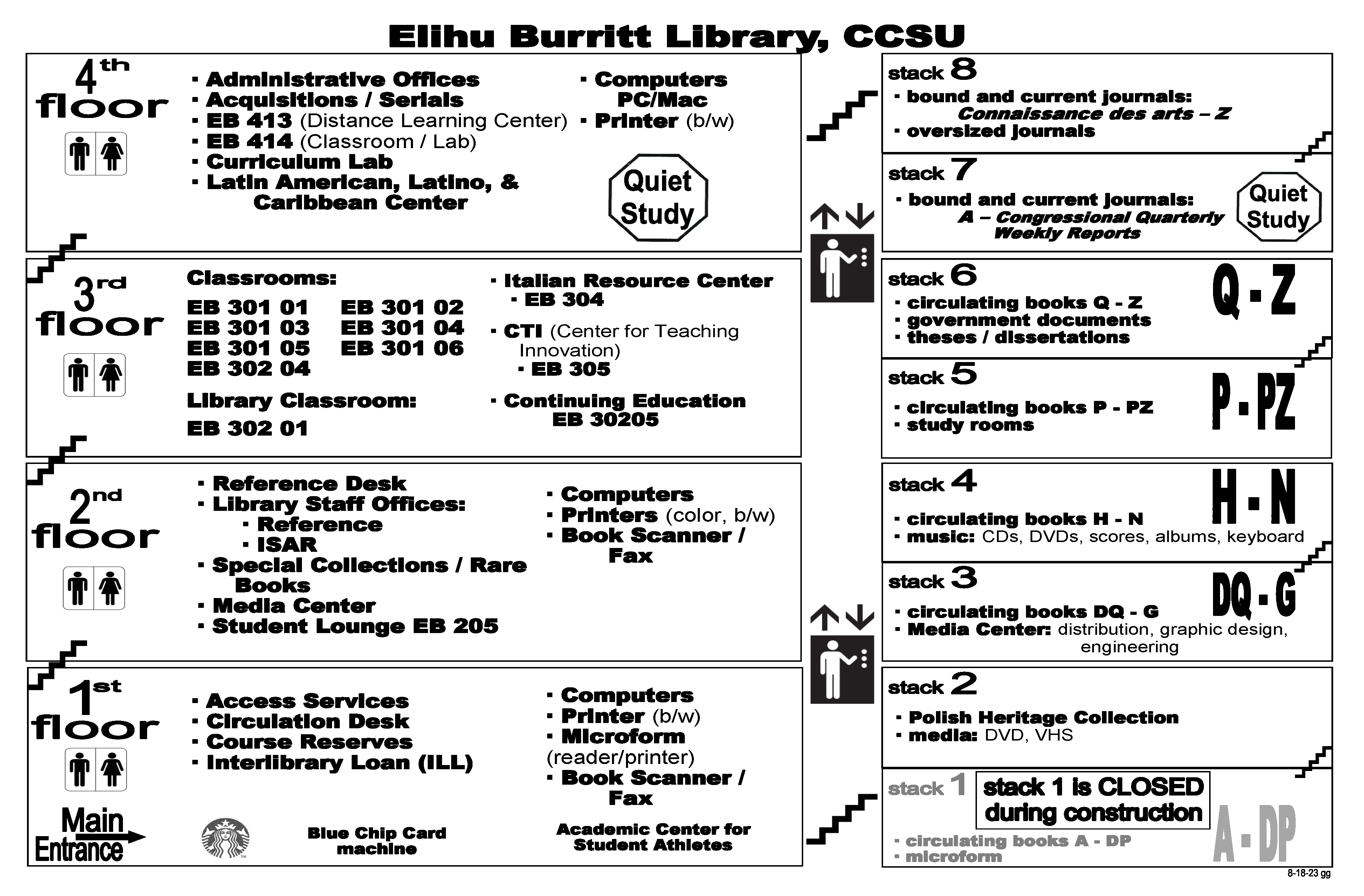 Map of the library for Fall 2023, showing stacks & Stack 1 closed for construction