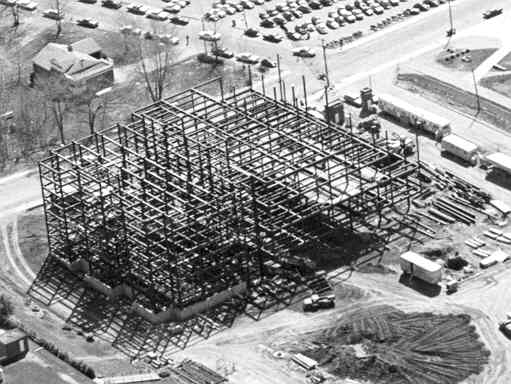 Aerial view of the Burritt Library under
	construction, circa 1969-1970