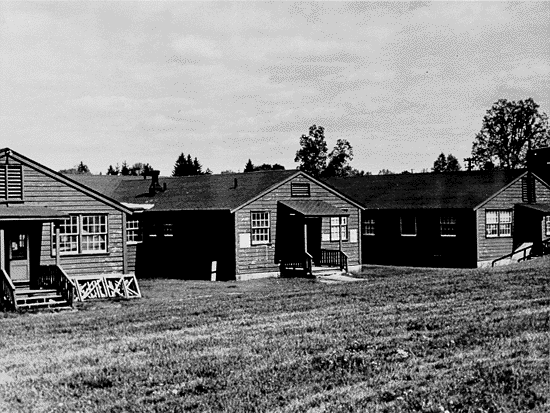 Photograph of wooden dining hall moved to the campus
at the end of World War II