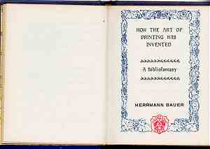 Illustration of a miniature book titled HOW THE ART OF
PRINTING WAS INVENTED, by Hermann Bauer