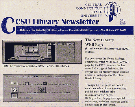 Illustration of Title Page of Vol 1 No 1 of the 
CCSU Library Newsletter, Fall 1995
