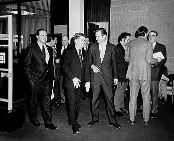 Photograph of, from left to right, Mayor Paul Manafort,
Governor Thomas Meskill, President James and, far right, Peter Durham, head of Public Affairs