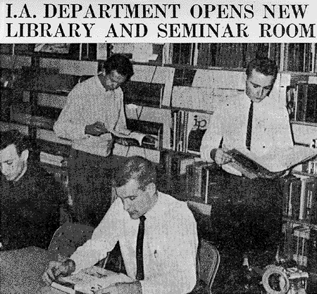 Newspaper photograph of Industrial Arts Students
using I.A. Department library, 1961
