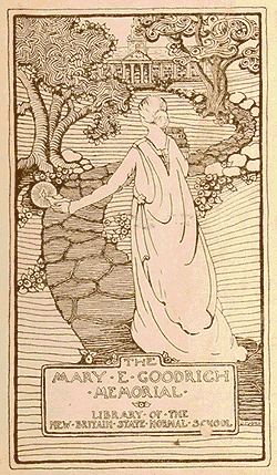 Library Bookplate of Mary E. Goodrich
drawing of woman walking toward the administration building