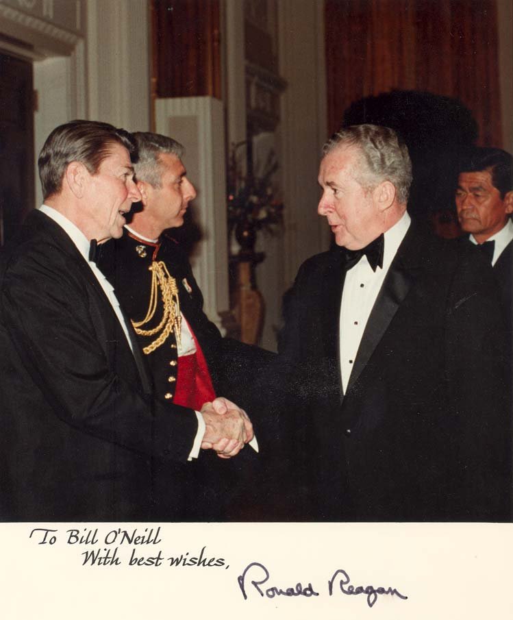 1 Color 8X10 dated: 2/28/1983
Governor O'Neill shaking hands with President Ronald Reagan at a state dinner in the White House during National Governor's Association winter meeting 2/27/1983 - 3//1/1983, in Washington, D.C. Signed by President Reagan.