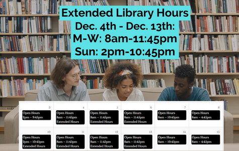 Library will be open for extended hours during Finals - Dec. 4th through Dec. 13th, M-W open until 11:45pm & Sun open until 10:45pm