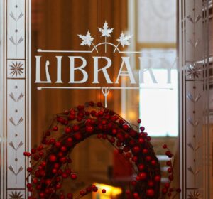 Photo of Library door with wreath on it