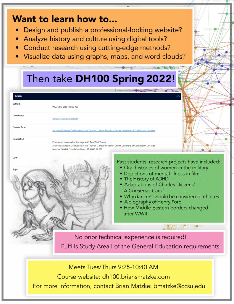 DH100: Digital Humanities 100 course flyer for Spring 2022