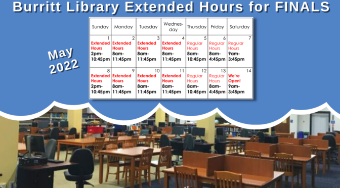 Extended Hours for Finals - illustration of weeks' schedule May1 through May 14