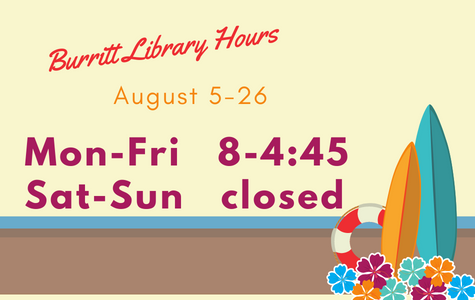 Burritt Library Hours, August 5-26, Monday through  Friday: 8am-4:45pm. Closed Saturday & Sunday