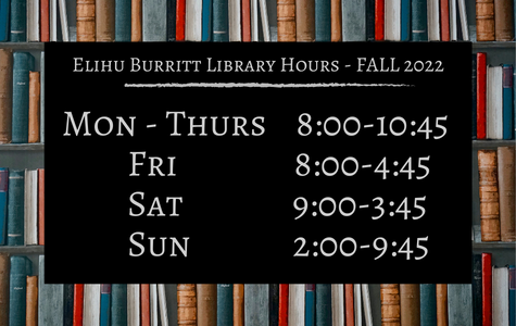 Elihu Burritt Library Hours - Fall 2022:
Mon - Thurs: 8:00-10:45
Fri: 8:00-4:45
Sat: 9:00-3:45
Sun: 2:00-9:45