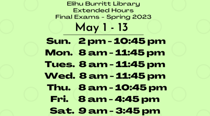 Sign about extended hours for finals, May 1-13