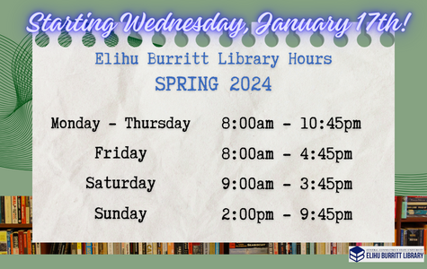 Spring 2024 library hours: Mon-Thurs: 8am-10:45pm; Fri: 8am-4:45pm; Sat: 9am-3:34pm; Sun: 2pm-9:45pm