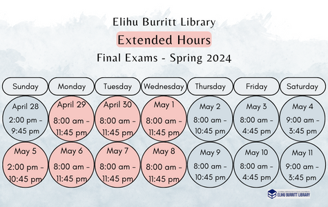 Extended Hours for Final Exams, April 29th-May 8th: Monday-Wednesday open 8am-11:45pm, Sunday open 2pm-10:45pm