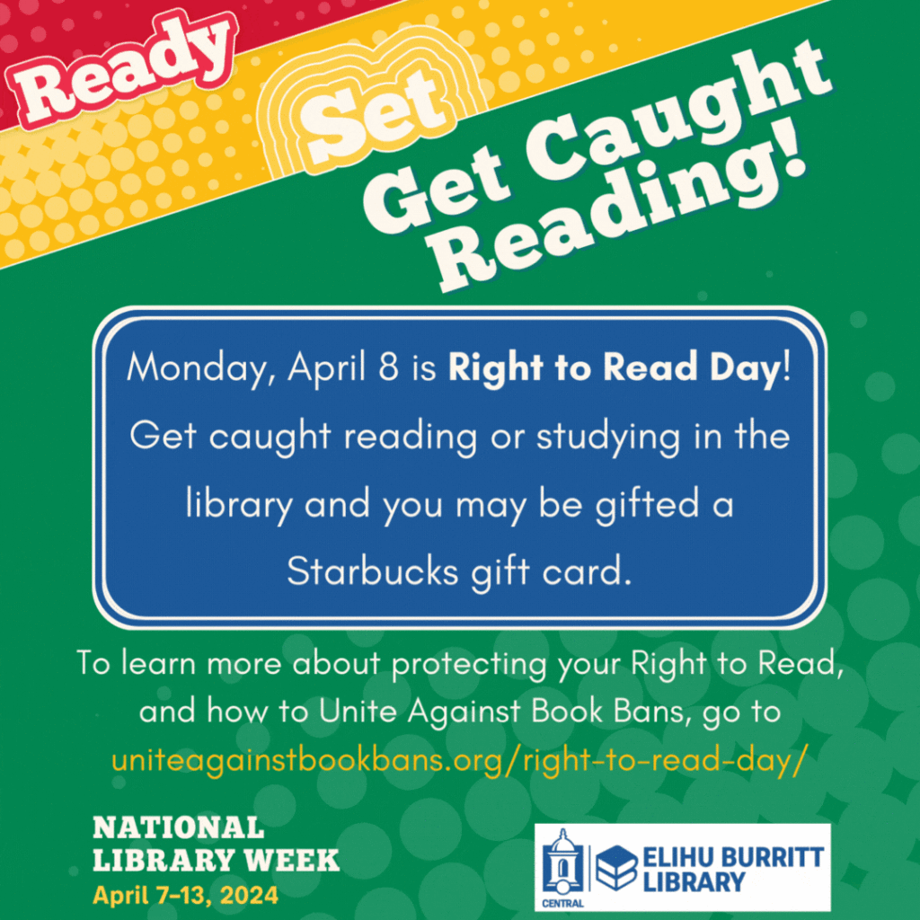 Animated gif with Right to Read Day, get caught reading or studying in the library & you may be gifted - all day! Don't let censorship eclipse your right to read!